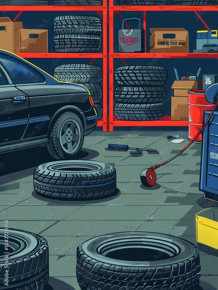 Poster a mechanic is changing a tire with tools at the ready while surrounded by numerous tires and equipme