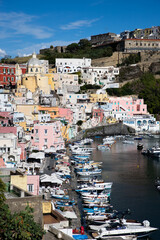 beautiful Procida island with colorful houses in sunny summer day, Italy