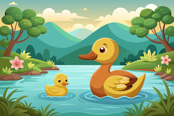 Duck and duckling  Duck and duckling float on the river float on the rive