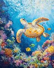 Obraz premium Sea Turtle Gliding Through Vibrant Underwater Landscape