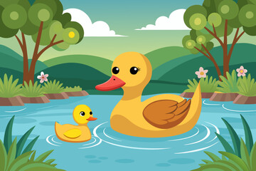 Duck and duckling  Duck and duckling float on the river float on the rive
