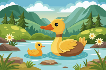 Duck and duckling  Duck and duckling float on the river float on the rive