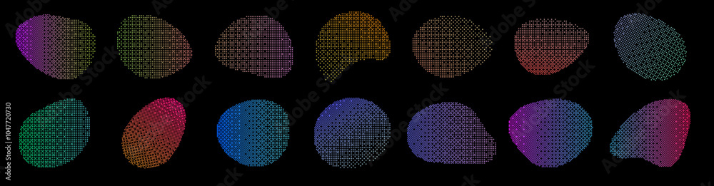 Leinwandbilder Abstract organic blobs, geometric shapes collection in retro halftone gradient bitmap pixel pattern. Vector