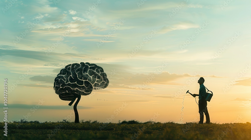 Poster a silhouette of a man watering a brain-shaped tree at sunset represents the nurturing of intellect a