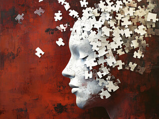 2D Human head from puzzle pieces, white puzle pieces on dark cayenne background