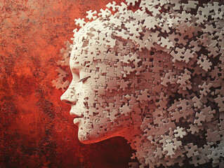 2D Human head from puzzle pieces, white puzle pieces on dark cayenne background