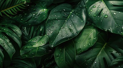 Fototapeta premium Fresh green leaves with water droplets glisten in the light