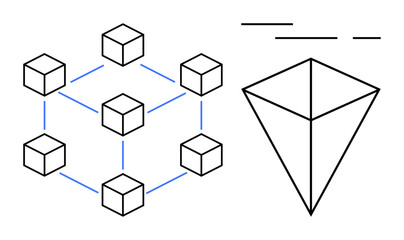 Geometric cubes connected by lines on the left and a hierarchical pyramid shape on the right. Ideal for technology, blockchain, network, structure, minimalism themes. Simple line art style