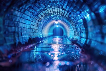 A blue tunnel with people moving through it