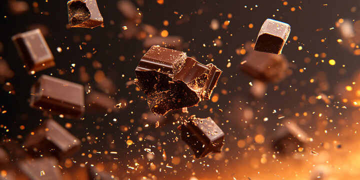 low angle shot of various of chocolate in middle of the air ,sparkle reflexed , on black to orange gradient background