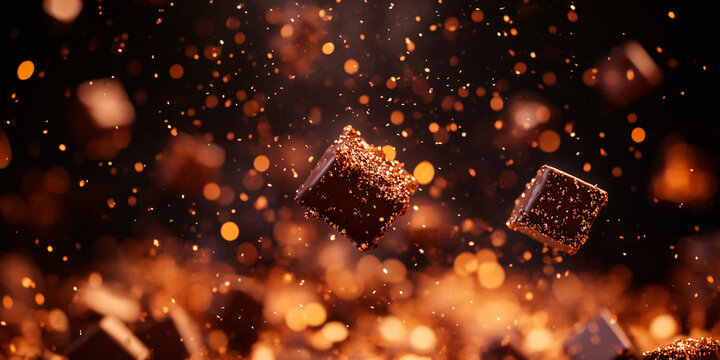 low angle shot of various of chocolate in middle of the air ,sparkle reflexed , on black to orange gradient background