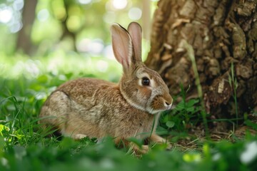 Fototapeta premium A rabbit sitting in grass next to a tree