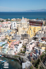 beautiful Procida island with colorful houses in sunny summer day, Italy