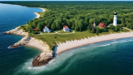 Fototapeta premium Aerial View of Coastal Landscape with Lighthouse. Generative AI