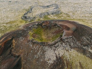 Aerial view of Saxholl volcanic crater on Snaefellsnes peninsula, Iceland © Wirestock