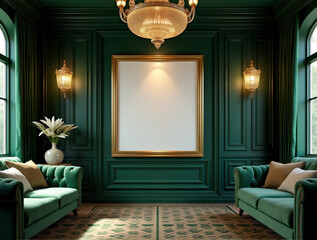 Art Deco Glamour Mockup Featuring Blank Canvas in Sleek Gold Frame on Dark Emerald Wall
