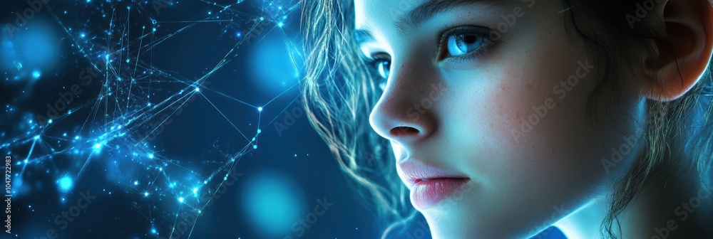 Poster a young woman gazes thoughtfully, her features illuminated by a dynamic background of data flow and 