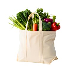 Reusable cloth bag with fresh vegetables isolated on plain white background