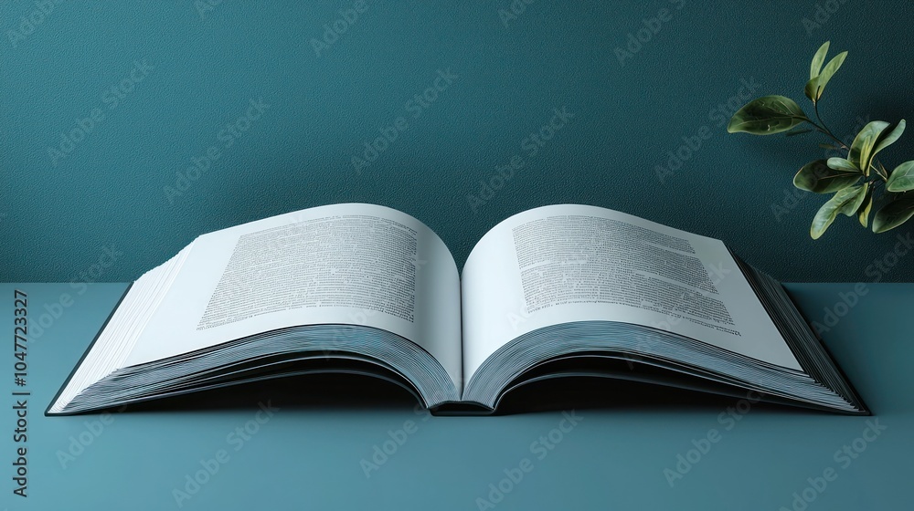Poster an open book on a teal surface with a green plant in the background