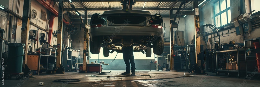 Aufkleber A mechanic is engaged in repairing a vehicle positioned on a hoist in a bustling garage filled with tools and equipment. Generative AI