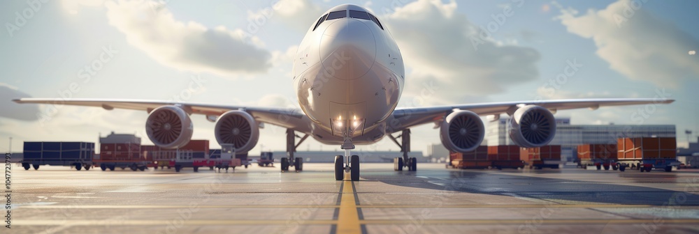 Poster a large cargo airplane is stationed on the runway while ground crew prepares to load various freight