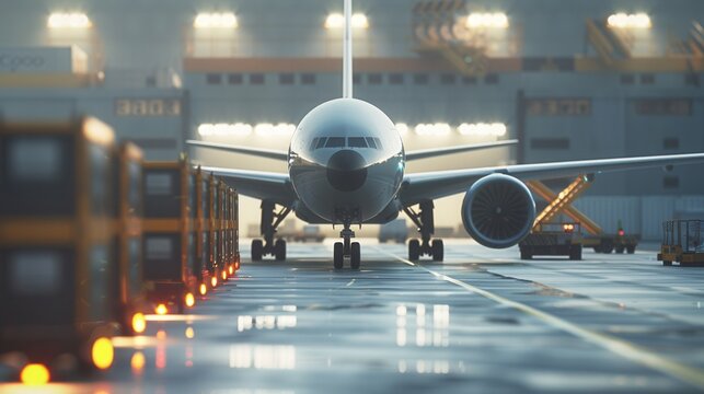 A cargo airplane is positioned on the runway, surrounded by loading and unloading equipment ready for its next flight. Generative AI