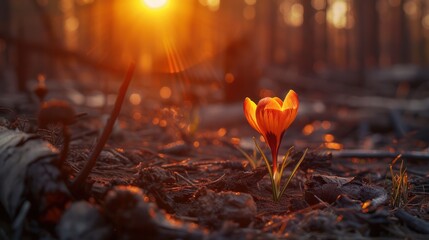 Closeup of flower and crocus growth in a natural woodland setting promoting sustainability