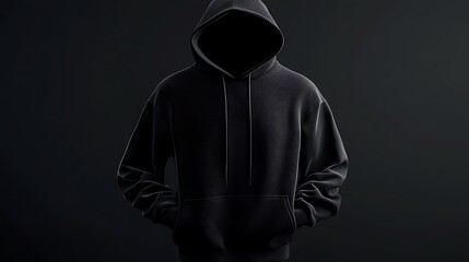 A black hoodie with a hood pulled up, concealing the person's face against a dark background.