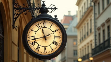 A Stunning Clock Hanging Majestically in Front of a Historic Building Capturing Time and Elegance