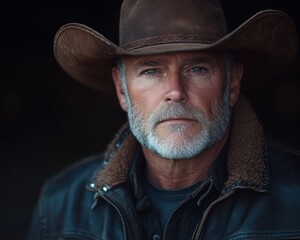 portrait of cowboy in his 60s with a beard in a cowboy hat