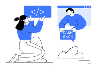 Two characters in a digital setting engage in activities. One shows a coding symbol tag while the other presents a cash back sign. Ideal for productivity, technology, finance, collaboration