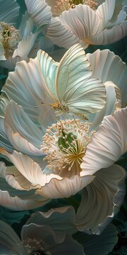 fully bloomed Gardenia Peony and a butterfly with organic forms
