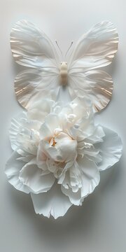 fully bloomed Gardenia Peony and a butterfly with organic forms