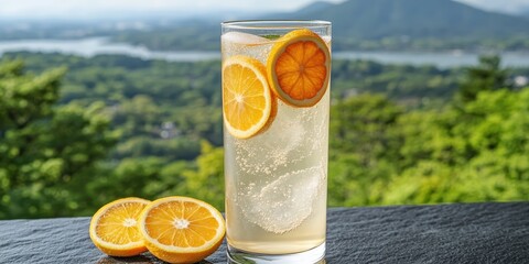 Refreshing Citrus Drink with Orange Slices Iced Cocktail Against Scenic Mountain View Tranquil Nature Citrus Beverage Summer Refreshment Outdoor Scenery