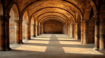 Obraz premium Stone arched hallway with columns and light streaming through.