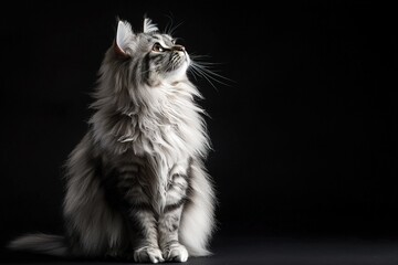 close-up adorable fluffy tabby cat looking up on black background with copy space