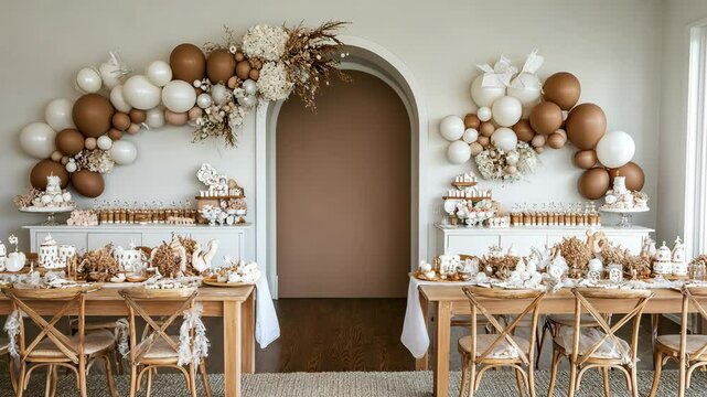 A party room decorated with white and brown balloons, flowers, and candles