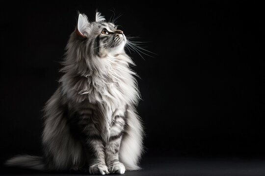 close-up adorable fluffy tabby cat looking up on black background with copy space - Powered by Adobe