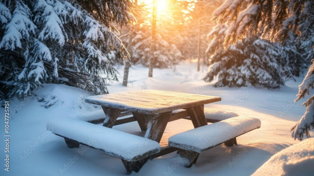 Poster a rustic picnic table and benches, covered in snow, sit in a tranquil forest as the setting sun cast