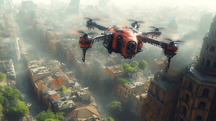 A red drone flies over a cityscape, with hazy skies and tall buildings in the background.