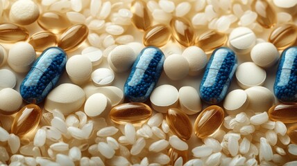 A minimalist pattern featuring alternating rows of rice grains and medication capsules