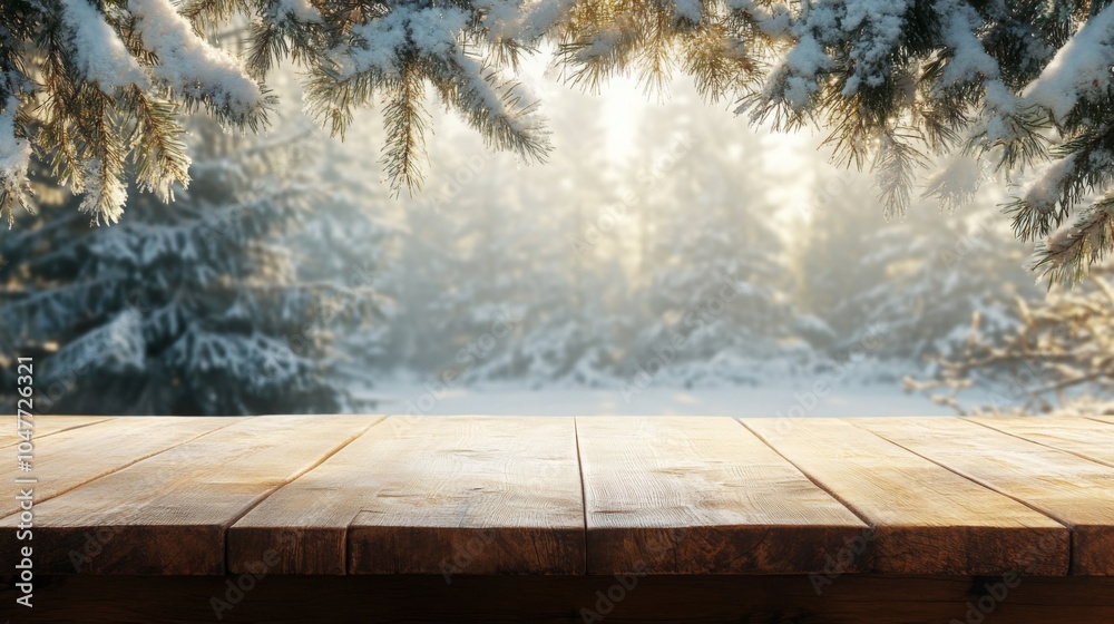 Aufkleber Snow-covered tree branches frame a rustic wooden table in a peaceful winter forest, with soft sunlight filtering through the trees, creating a serene and enchanting atmosphere.