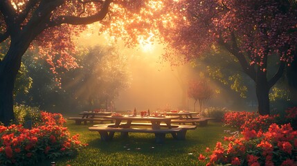 Obraz premium A picnic table sits in the middle of a forest with red flowers in the grass and sun shining through the trees.