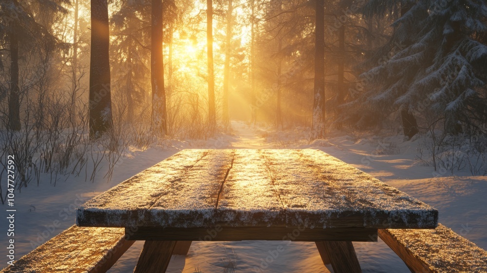 Poster golden sunlight streams through tall trees in a winter forest, illuminating a snow-covered picnic ta