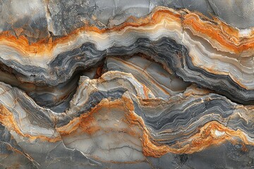 Fototapeta premium Close-up of a rock formation with swirling, layered patterns in shades of gray, orange, and white.