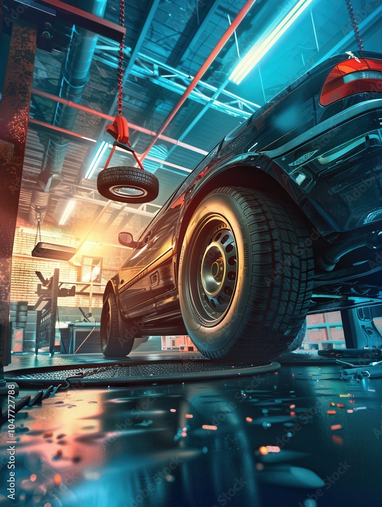 Poster A skilled worker is in a garage workshop replacing tires on a vehicle under bright lighting, showcasing automotive tools and equipment. Generative AI