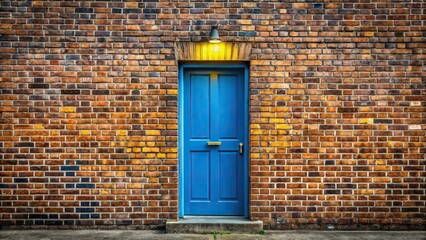 symmetrical brick building with blue door and yellow light
