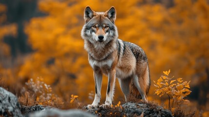 Obraz premium A lone wolf stands on a rocky ledge in a forest, with a background of golden foliage, looking directly at the camera with a serious expression.