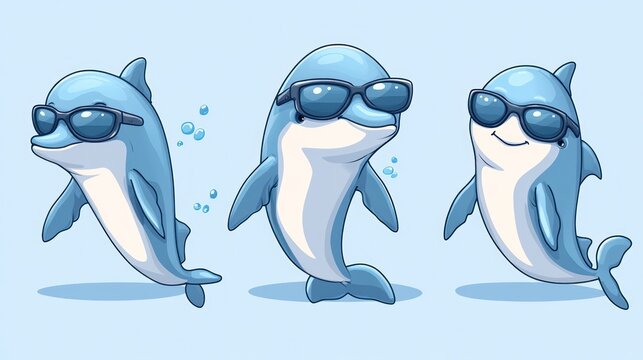 Three cartoon dolphins wearing sunglasses, one is leaping, one is standing, and one is swimming.