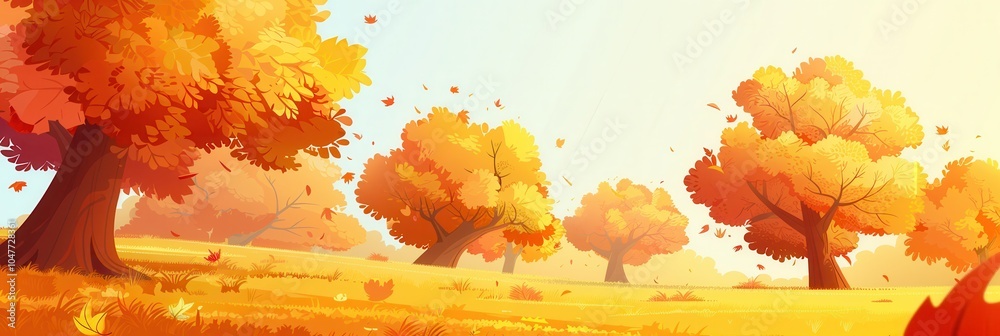 Aufkleber a tranquil golden forest reveals trees adorned with bright autumn leaves, while gentle breezes rustl